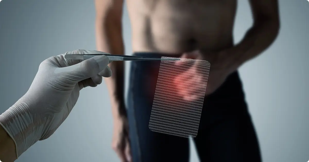 Doctor holding surgical hernia mesh implant with patient in background”