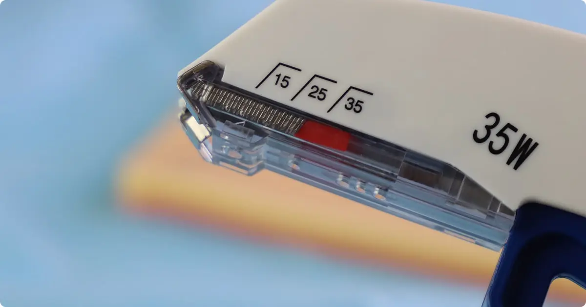Close-up of a surgical stapler used in medical procedures