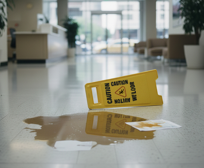 Spilled drink and fallen caution sign on a slick floor inside a building, representing a slip and fall accident scene.
