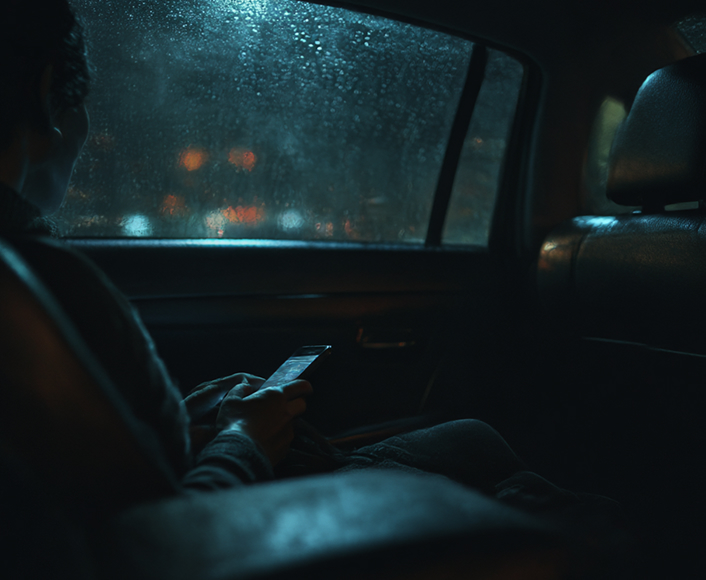 Person sitting in the back seat of a car at night, holding a phone and looking out a rain-covered window, symbolizing vulnerability and the need for safety.