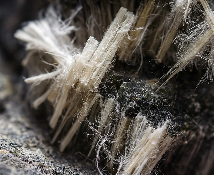 Close-up of asbestos mineral fibers, illustrating the health dangers of asbestos exposure.