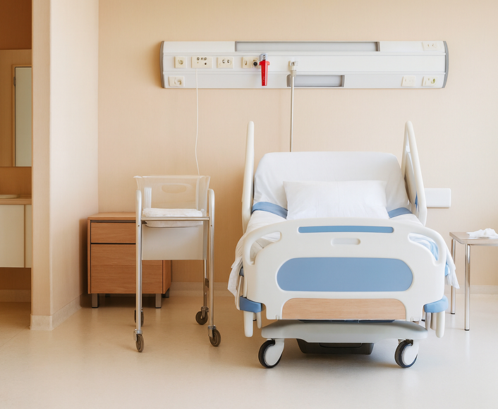 Empty hospital room with medical bed and newborn bassinet, symbolizing injuries caused by defective consumer products.