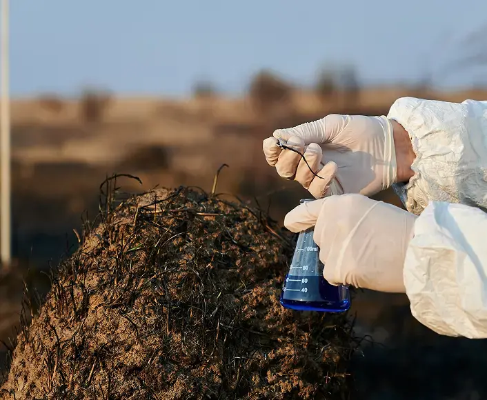 Scientist in protective gloves collecting a water sample from a polluted river to test for hazardous waste contamination.