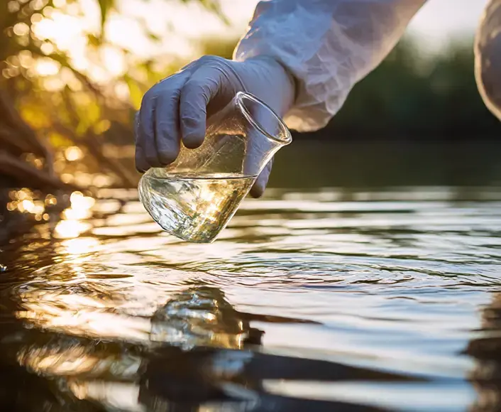 Scientist in protective gloves collecting a water sample from a polluted river to test for hazardous waste contamination.