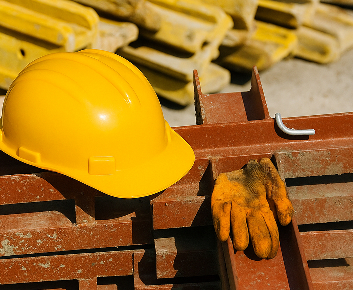 Yellow hard hat and work gloves resting on steel beams at a construction site, symbolizing workplace safety and injury claims.